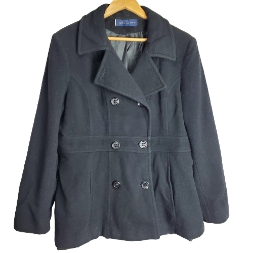 Anne Klein Wool Blend Solid Black Double Breasted Pea Coat Size XL
